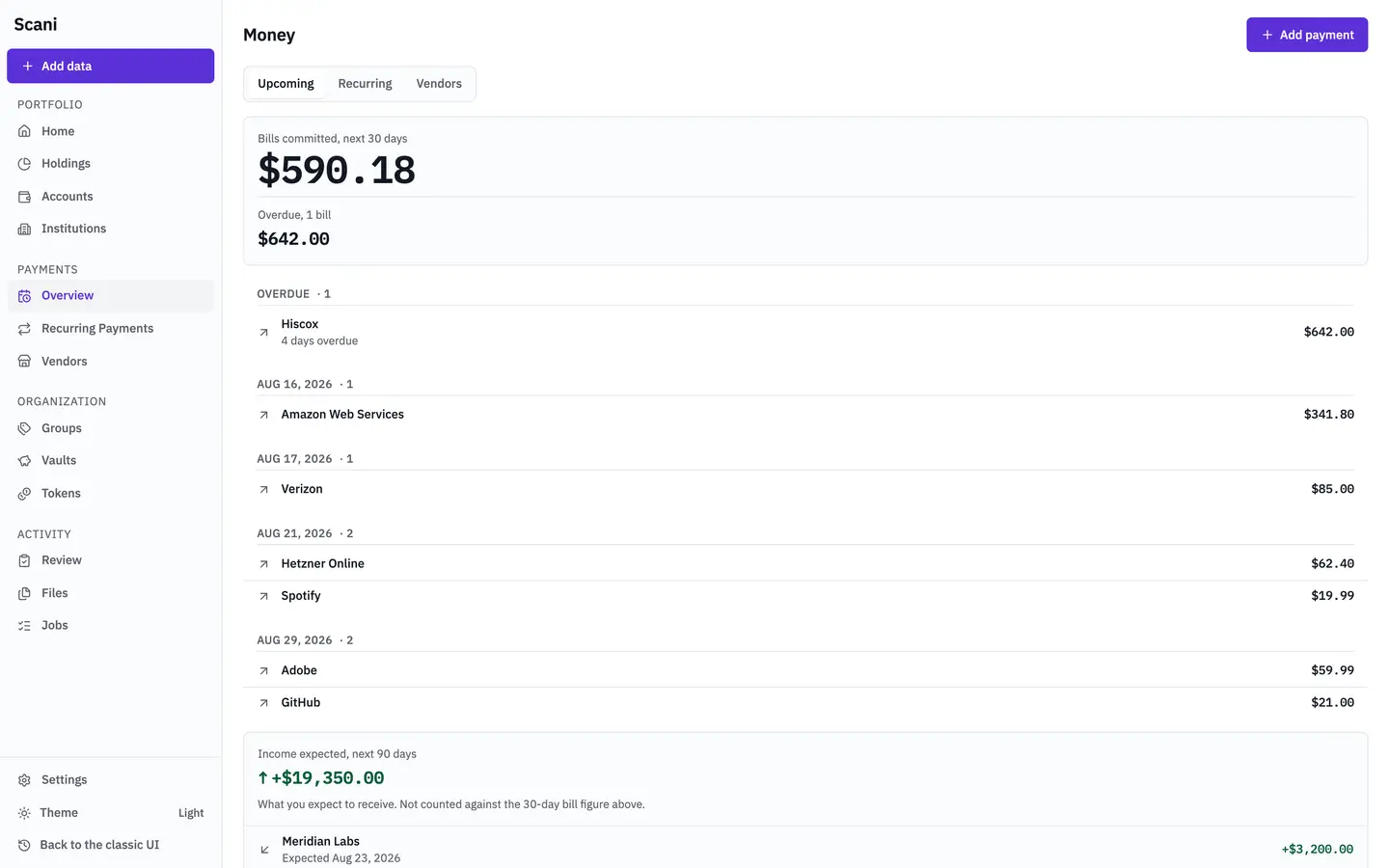 The Scani Money screen: bills committed over the next 30 days above a feed of recurring payments grouped by due date, with an expected-income block below it.